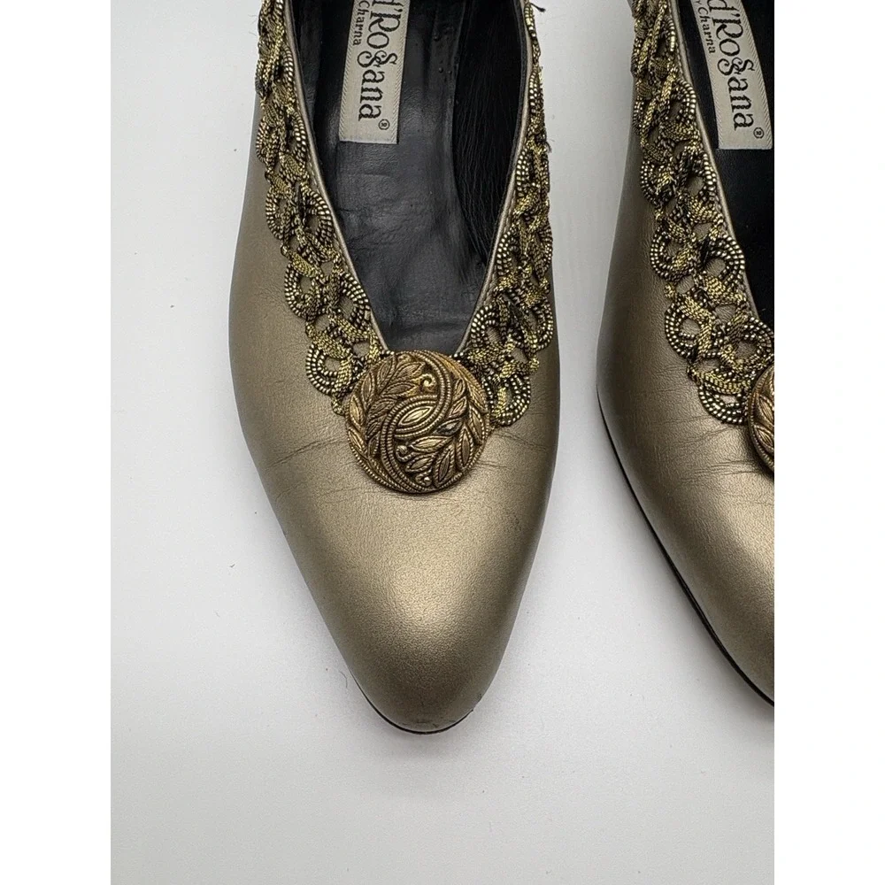 d'Rossana By Charna Gold Leather Embellished Heels, Size 8
